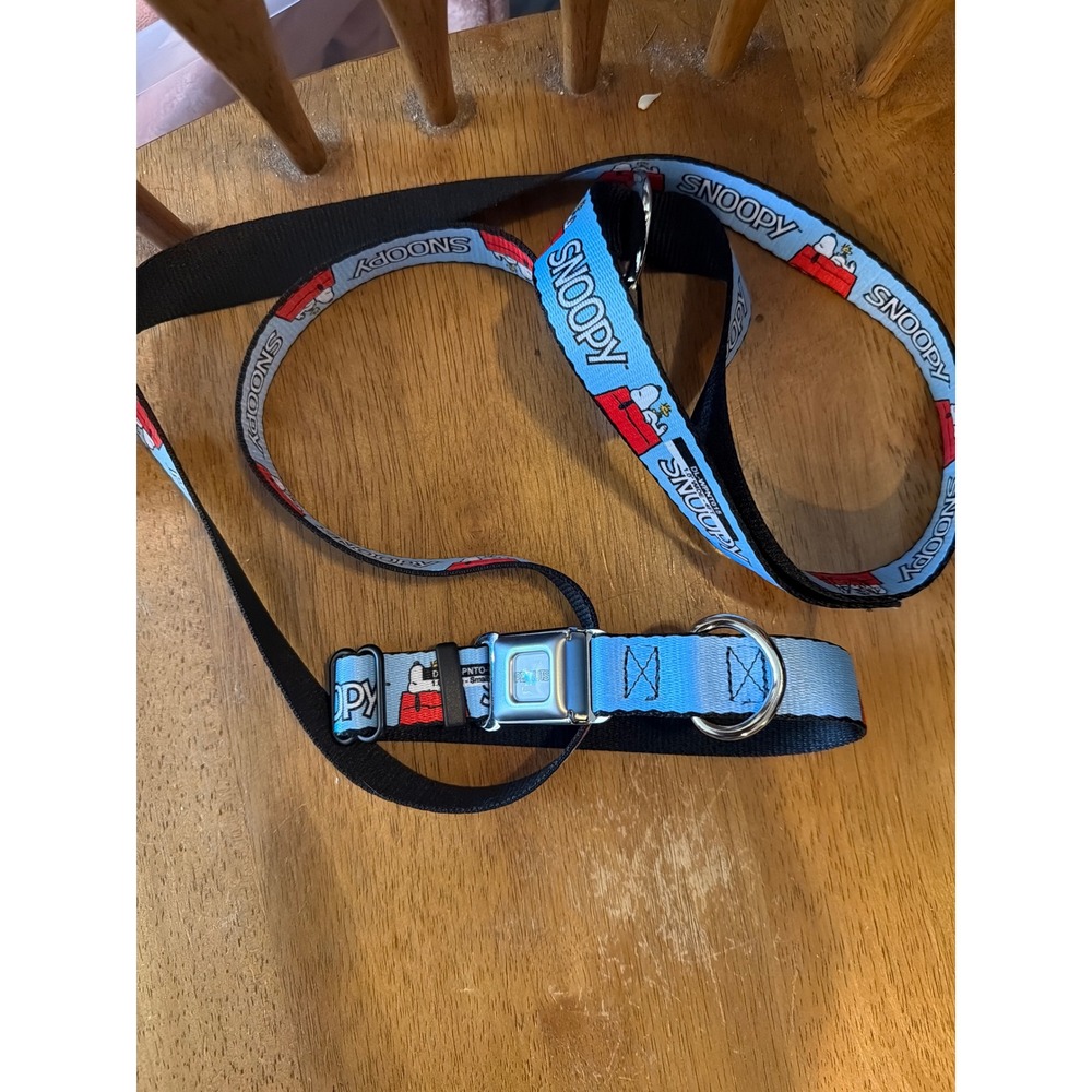 Buckle-Down Peanuts Snoopy Dog Collar and Leash Set Blue Seatbelt Buckle Small